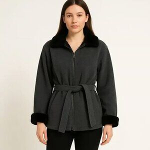 Vintage Jason Kole Grey Wool Coat with Black Fur Trim, Belt & Side pocket